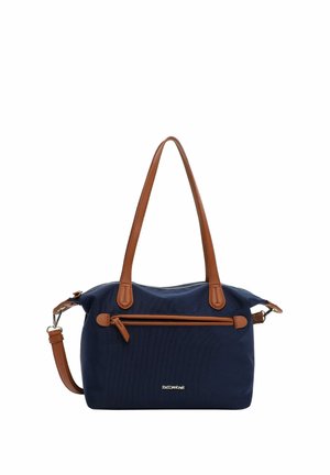 Tumši zils rokassomas ar brūnām ādas rokturiem un rāvējslēdzēja detaļām, ar noņemamu plecu siksnu un priekšējo rāvējslēdzēja kabatu.