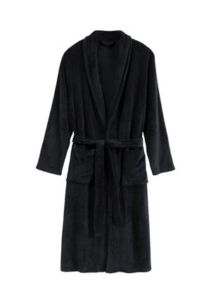 Czarny szlafrok wykonany z miękkiego polaru, z kołnierzem typu szal, długimi rękawami, wiązaniem w pasie oraz dwiema przednimi kieszeniami. Gładka tekstura i długość do kolan.