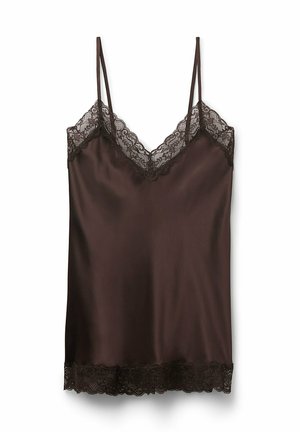 Brun satin cami med spetsdetaljer, justerbara axelband och v-ringning, samt ömtåliga spetsaccenter vid halslinning och fåll.