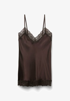 Brun satin camisole med blondekant, justerbare stropper og v-hals, med fine blonde detaljer ved udskæringen og kanten.