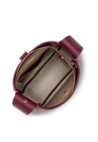 Borsa in pelle bordeaux con un'esterno testurizzato e un interno liscio. Presenta una cerniera dorata e due scomparti interni.