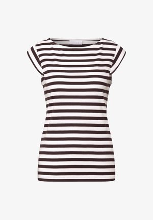Gestreept topje in een witte en donkerbruine katoenmix. Heeft korte kapmouwen, een ronde halslijn en horizontale strepen over de stof.
