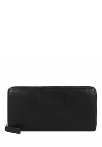 Portefeuille en cuir noir avec une surface texturée, fermeture éclair, patch logo en relief, et une forme rectangulaire fine pour une prise en main facile.