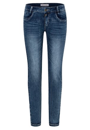 Dark blue denim jeans with a fitted shape, five pockets, visible stitching, a button closure, and a slight fade across the legs.