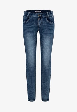 Dark blue denim jeans with a fitted shape, five pockets, visible stitching, a button closure, and a slight fade across the legs.