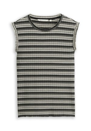 Top senza maniche a righe orizzontali bianco e nero in maglia a costine, scollo tondo, taglia piccola, steso su sfondo bianco.