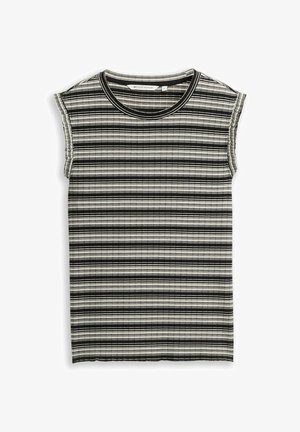 Top sans manches en maille côtelée rayée horizontale noir et blanc, col rond, taille petite, posé à plat sur fond blanc.