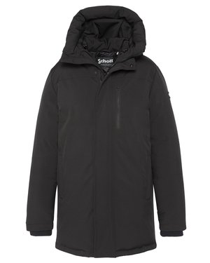 Schwarz, isolierte Parkajacke mit hohem Kragen, verstellbarem Kapuzen, durchgehendem Reißverschluss und Seitentaschen; glatte Stofftextur.