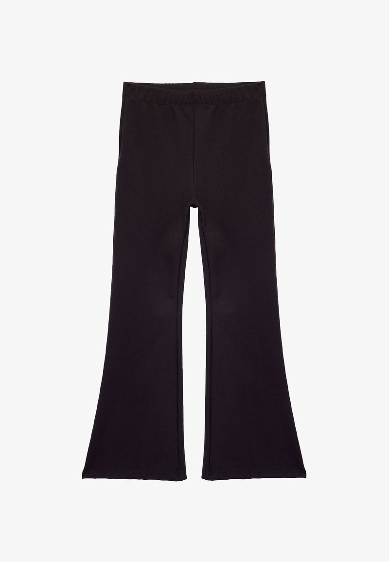 Schwarze ausgestellte Leggings aus dehnbarem Stoff mit einem elastischen Taillenbund. Glatte Textur, keine sichtbaren Muster oder Hardware-Details.