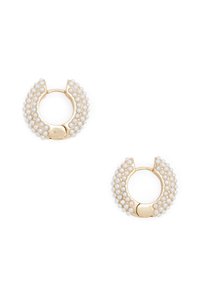 Gold-tone hoop earrings featuring a textured design adorned with small white faux pearls, cylindrical closure, and round shape.