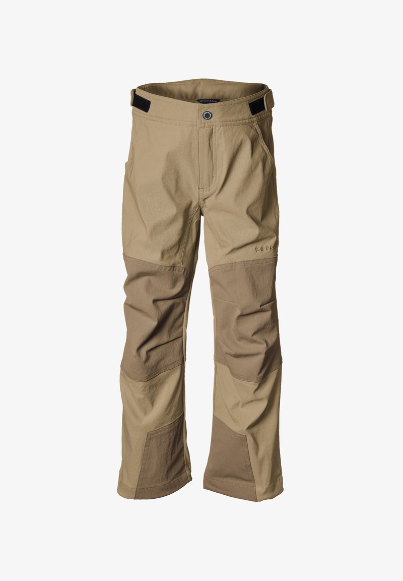 Beige udendørsbukser lavet af slidstærkt stof, med kontrasterende brune paneler, en tætsiddende liv med Velcro-justeringer og flere lommer.