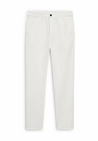 Pantaloni di colore chiaro in tessuto morbido, dotati di due tasche frontali, chiusura con zip e un solo bottone nero in vita.