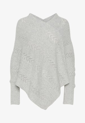 Poncho gris clair avec un col en V, présentant un motif texturé de lignes en relief et de chevrons. Tissu en maille douce avec manches longues.
