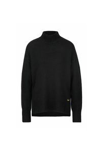 Schwarzer Rollkragenpullover aus strukturiertem Strickstoff, mit geripptem Saum und Bündchen sowie einem kleinen goldenen Logo-Detail an der Seite.