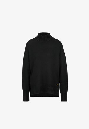 Schwarzer Rollkragenpullover aus strukturiertem Strickstoff, mit geripptem Saum und Bündchen sowie einem kleinen goldenen Logo-Detail an der Seite.