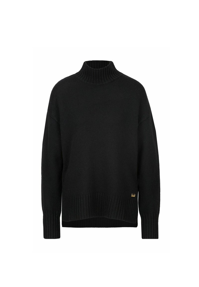 Schwarzer Rollkragenpullover aus strukturiertem Strickstoff, mit geripptem Saum und Bündchen sowie einem kleinen goldenen Logo-Detail an der Seite.