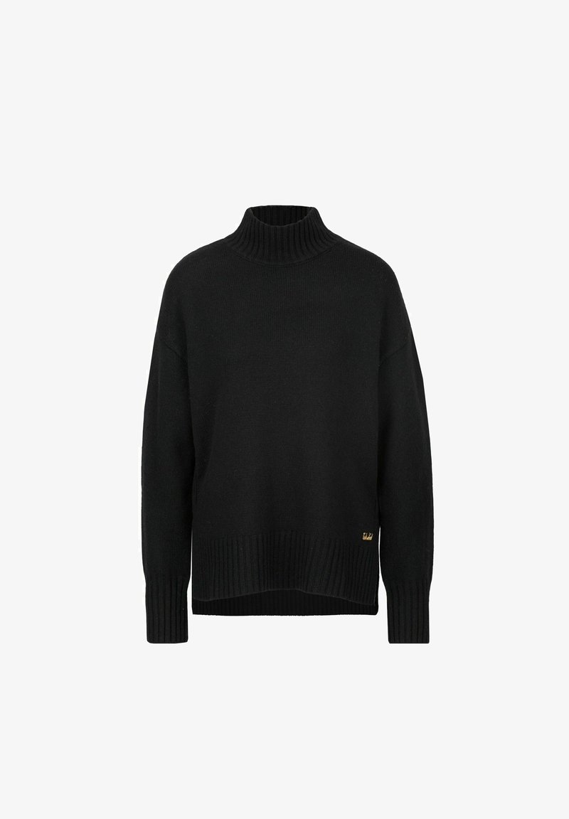 Schwarzer Rollkragenpullover aus strukturiertem Strickstoff, mit geripptem Saum und Bündchen sowie einem kleinen goldenen Logo-Detail an der Seite.