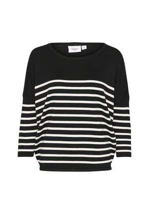 Black and white striped knit sweater with a wide neckline and three-quarter sleeves, featuring a relaxed fit and soft texture.