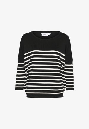 Black and white striped knit sweater with a wide neckline and three-quarter sleeves, featuring a relaxed fit and soft texture.