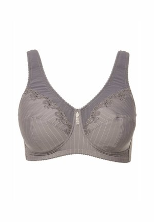 Grijze bh met volledige dekking, met streepjes, kantafwerking op de cups, brede bandjes en een klein decoratief hangertje aan de voorkant.