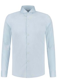 Lichtblauw overhemd met lange mouwen, voorzien van een knoopsluiting bij de hals, een zachte stoffen textuur en een slim-fit ontwerp met standaard manchetten.