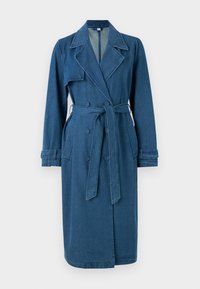 Denim plašč v temno modri barvi. Ima pas s trakcem, dvojne gumbe in dolge rokave z zavihanimi manšetami. Klasična oblika ovratnika.