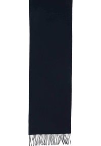 Sciarpa blu navy scuro realizzata in tessuto morbido, caratterizzata da una texture liscia e da una frangia decorativa alle estremità per un tocco di dettaglio in più.