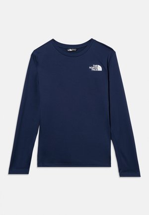 Marineblå langermet genser med rund hals og The North Face-logo i hvitt på venstre bryst.