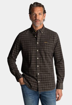 Heren overhemd met lange mouwen in donkergekleurde tartan, voorzien van een button-down kraag, een voorzak en witte knopen. Zachte stof met een structuurafwerking.