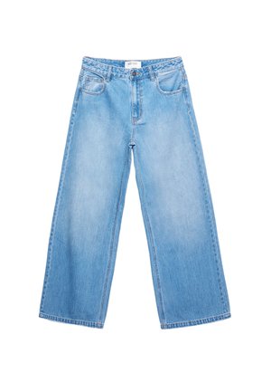 Lysblå, brede denimjeans med forlommer, bæltestropper og knaplukning i taljen.