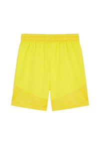 Gelbe Sportshorts mit einem elastischen Bund, ausgestattet mit einem glatten oberen Teil aus Stoff und einem strukturierten unteren Bereich aus Mesh. Keine sichtbaren Taschen.