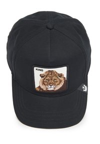 Black baseball cap with a frontal patch featuring an embroidered lion's face and “KING” above it. Smooth fabric texture and curved brim.