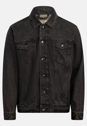 Jachetă din denim negru cu închidere cu nasturi, două buzunare cu clapetă și nasturi pe piept, mâneci lungi și guler clasic.