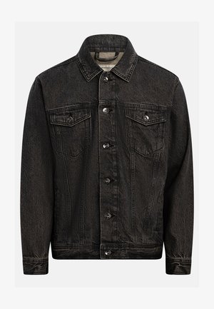 Fekete farmerrövidkabát gombos záródással, két gombos mellzsebbel, hosszú ujjakkal és klasszikus gallérral.