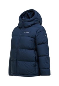 Marineblauer Puffer-Jacke mit hohem Kragen, Reißverschluss und gesteppten Panelen. Mit Logos auf der Brust und dem Ärmel. Glattes, isoliertes Material.