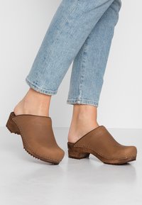 Brown leather clogs with a smooth finish, open back, and a wooden heel. The design features stitching along the edges and a textured sole.
