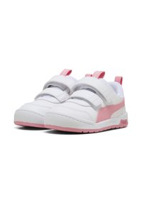 Hvite sneakers med rosa detaljer, med en glatt lær-overdel, to borrelåser og en teksturert gummisåle.
