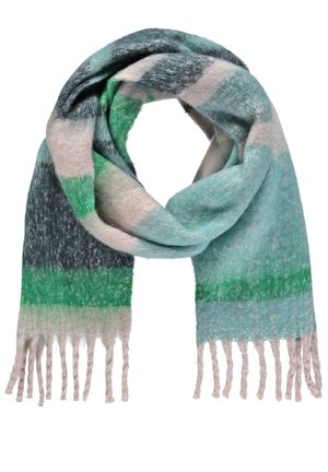 Weicher Wollschal mit breiten horizontalen Streifen in Grün, Blau, Grau und Beige, an beiden Enden mit gedrehten Fransen.