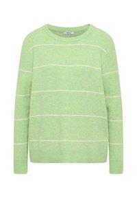 Pull tricoté vert clair avec des rayures horizontales blanches, encolure ronde et texture côtelée. Manches longues et coupe décontractée.