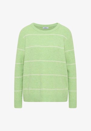 Ljusgrön stickad tröja med vita horisontella ränder, rund halsringning och ribbad textur. Långa ärmar och avslappnad passform.
