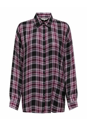 Black and pink plaid shirt with a collar, long sleeves, front button closure, and a relaxed fit. Soft fabric with a checkered pattern.