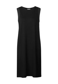Svart ärmlös klänning i slät stoff, med avslappnad passform, rund halsringning och knälång design. Inga mönster eller hardware närvarande.