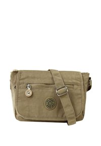 Beige schoudertas gemaakt van duurzaam fabric, met een voorzak met rits, een verstelbare strap en een ronde logo-detail.