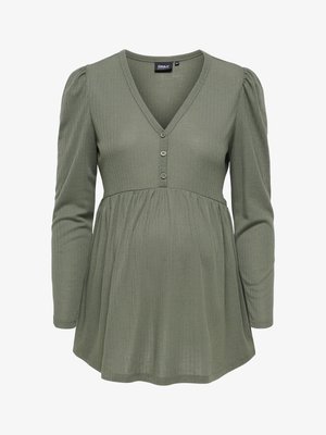 Zelený tehotenský top s dlhým rukávom, vyrážaný, s výstrihom do V, tromi gombíkmi vpredu a detailom nariaseného pásu.