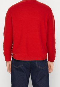 Roter Strickpullover mit langen Ärmeln, gerippten Bündchen und Saum. Getragen mit dunkelblauen Jeans. Strukturierter Stoff, keine sichtbaren Muster oder Akzente.