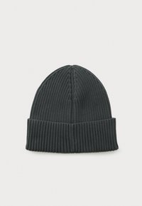 Dark gray ribbed knit beanie hat with folded cuff, displayed flat on a plain light background.