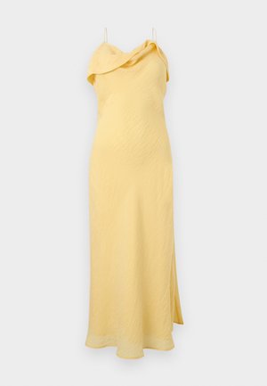Yellow sleeveless midi dress with a cowl neckline, thin shoulder straps, and a slightly flared hem.