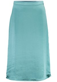 En ljus teal midilång kjol gjord av slät tyg, med en rak silhuett och en subtil lyster samt en enkel midjeband.