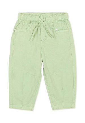 Pantalon vert clair pour tout-petit avec ceinture élastique, cordon de serrage ajustable et poches frontales sur fond blanc.
