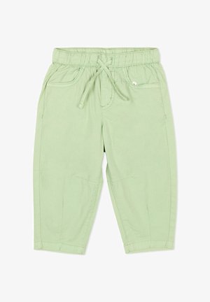 Pantalon vert clair pour tout-petit avec ceinture élastique, cordon de serrage ajustable et poches frontales sur fond blanc.